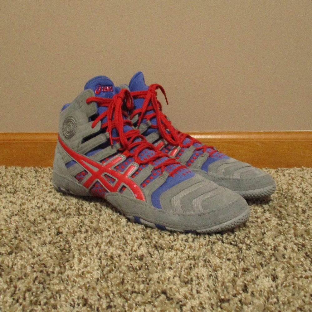 Asics Dan Gable Ultimate Wrestling Shoes 12.5 Gray Red Blue Lace Up